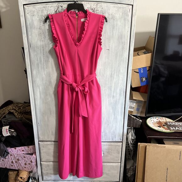 Calvin Klein wide leg ruffled jumpsuit romper Sz 12 pink cottage core feminine - Picture 2 of 13